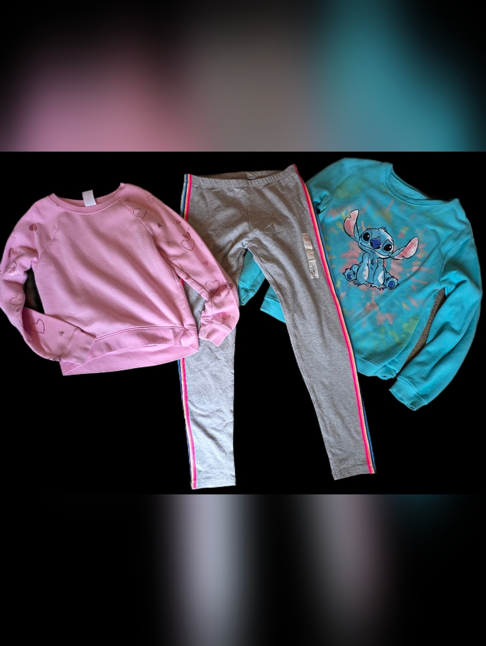 Athletic Works Grey Leggings with Pink & Blue Side Stripes & 2 Sweatshirts